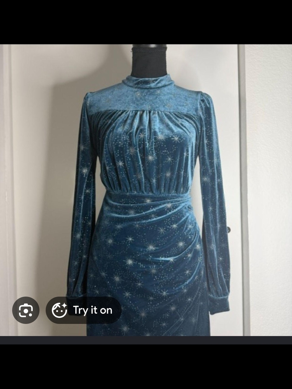 Cider Teal Star-Print Velvet Long Sleeve Dress